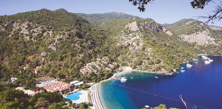 Turkey, hillside beach club, aerial view